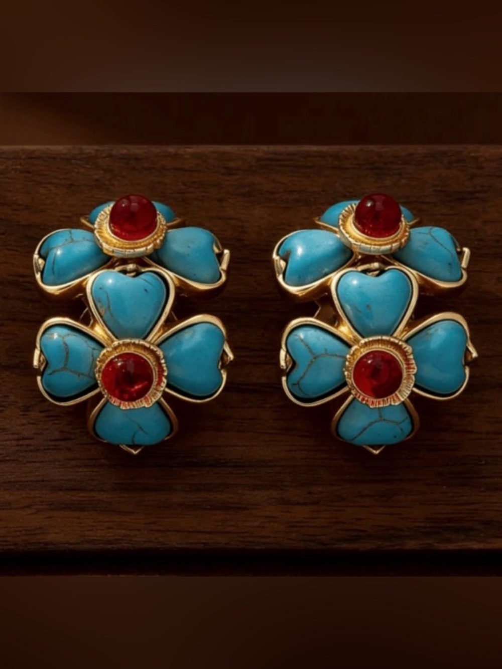 Faux Turquoise and Red Flower Clip-On Earrings - Gold Tone